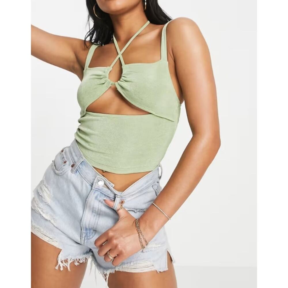 motel slinky y2k cut out ring detail crop top washed sage green size xs